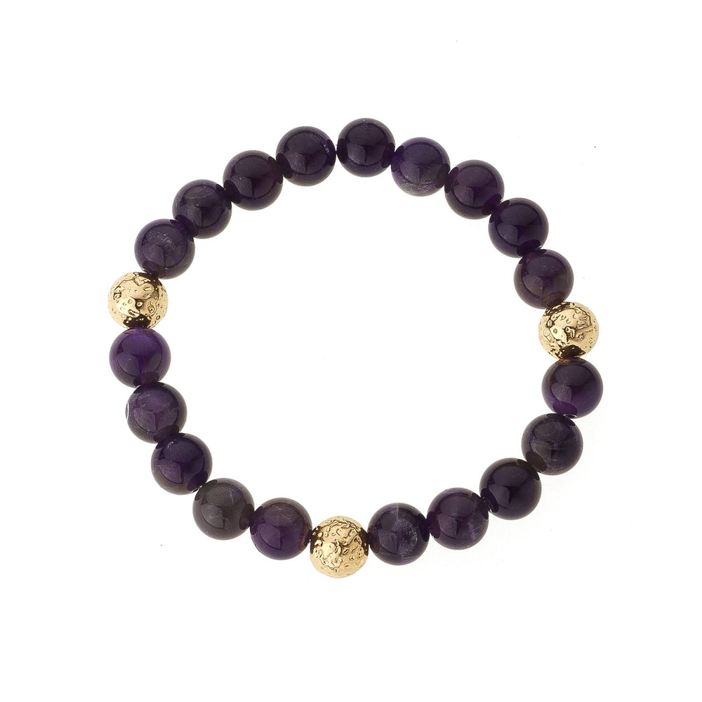 Amethyst & Triple Gold Bead Elastic Bracelet