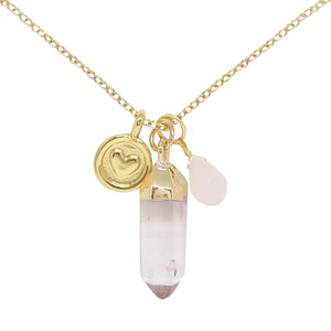 Rose Quartz & Gold Charm Necklace on white