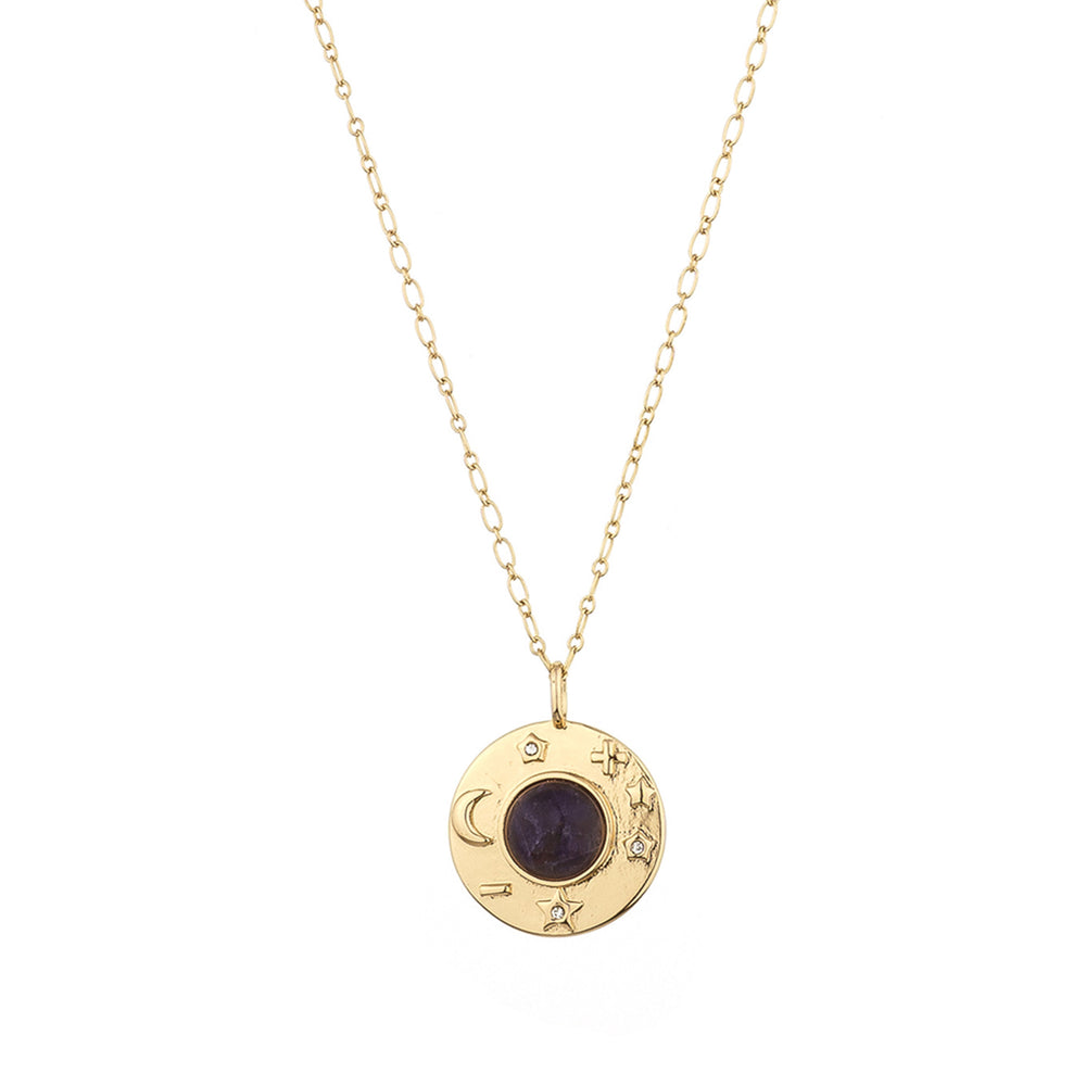 Amethyst & Gold Astronomy Circle Pendant Necklace on white
