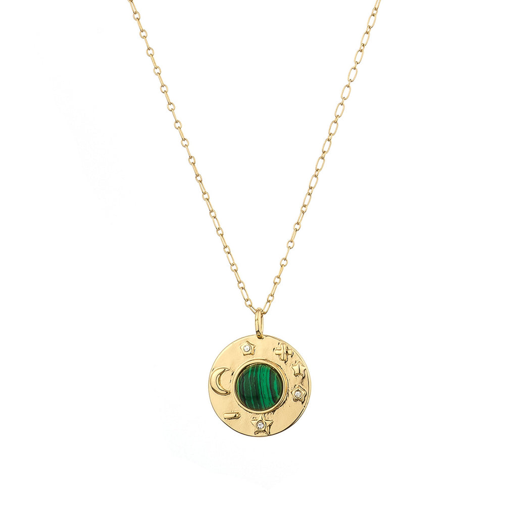 Malachite & Gold Astronomy Circle Pendant Necklace on white