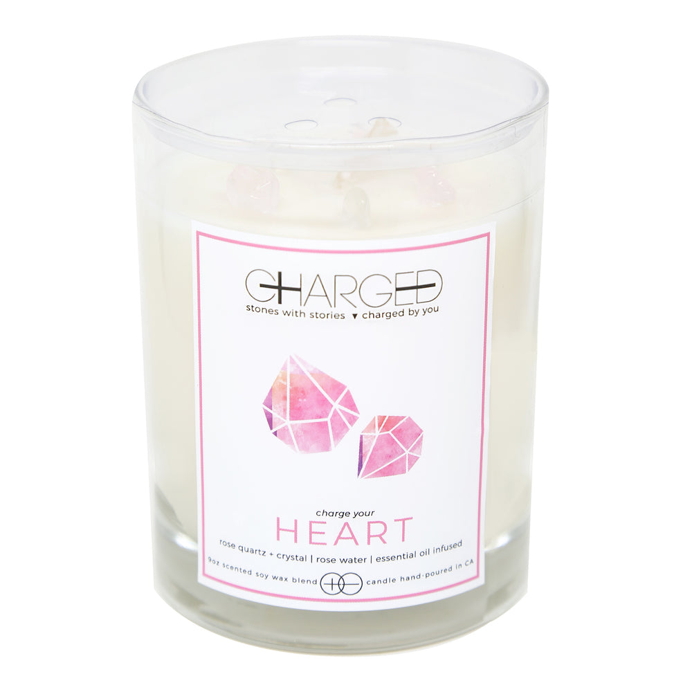Rose Quartz Rose Water Scented Soy Candle with Crystals on white