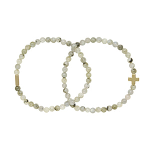 Labradorite & Gold Elastic Bracelet Set of 2 on white