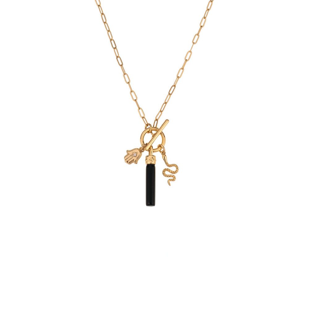 Charged Onyx Pendant and Charms Toggle Necklace on white