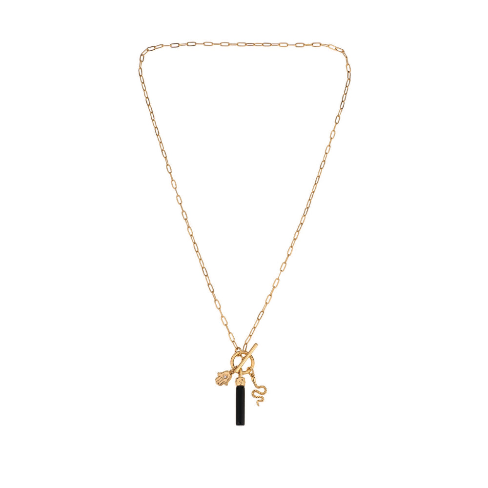 Charged Onyx Pendant and Charms Toggle Necklace on whiet