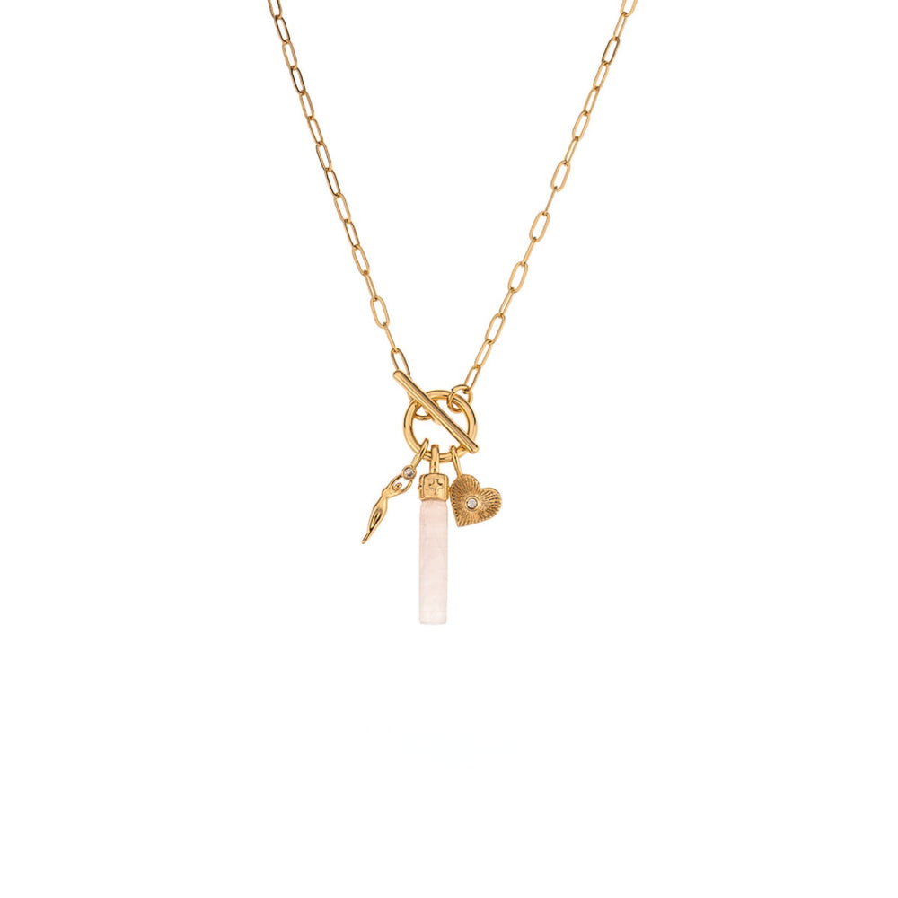 Charged Rose Quartz Pendant and Charms Toggle Necklace